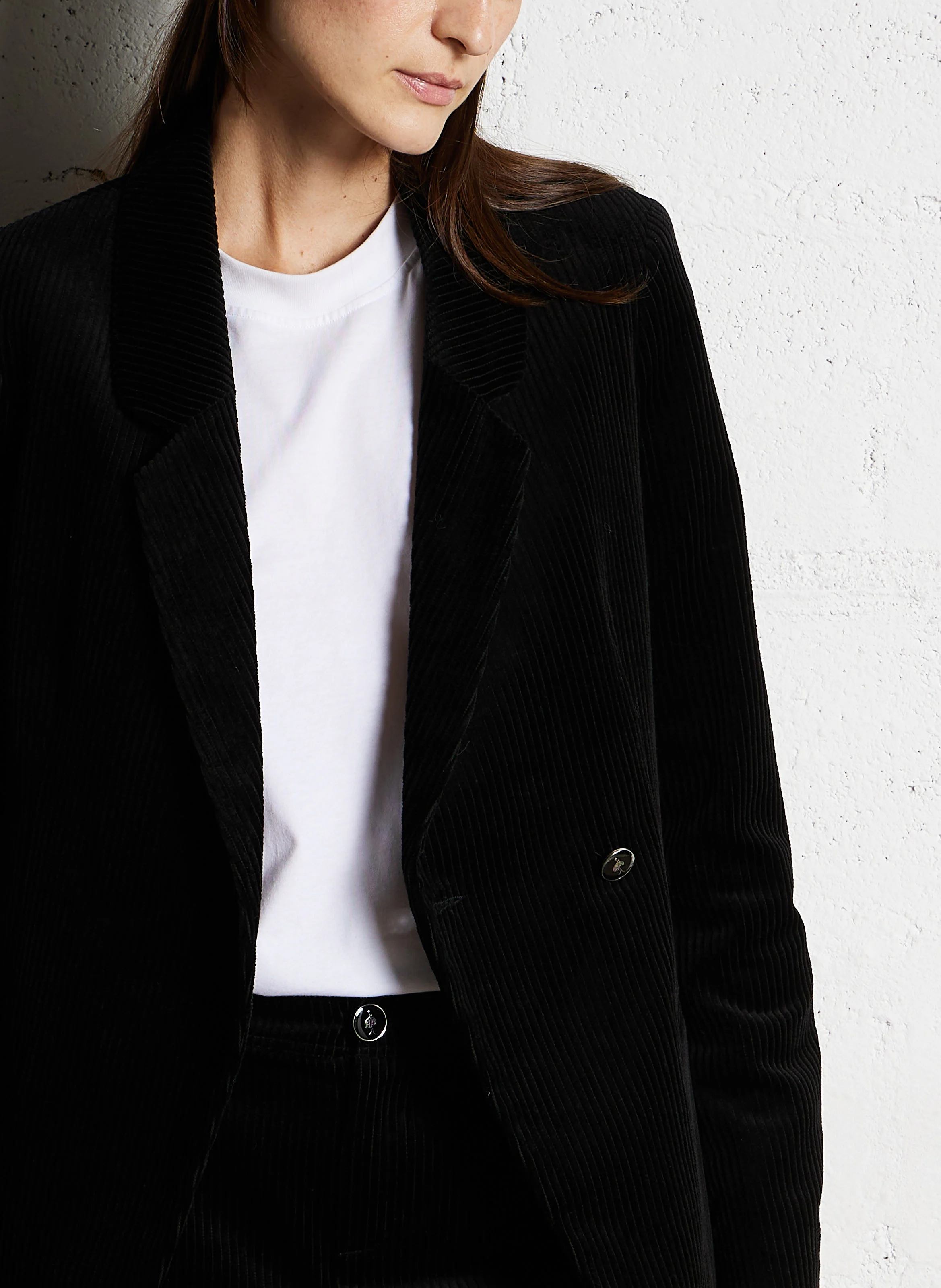 VIGG - Veste de tailleur droite en coton velours | Noir