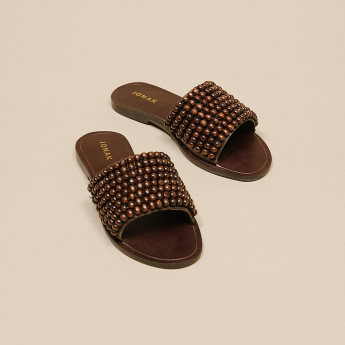 Mules à perles  en cuir marron