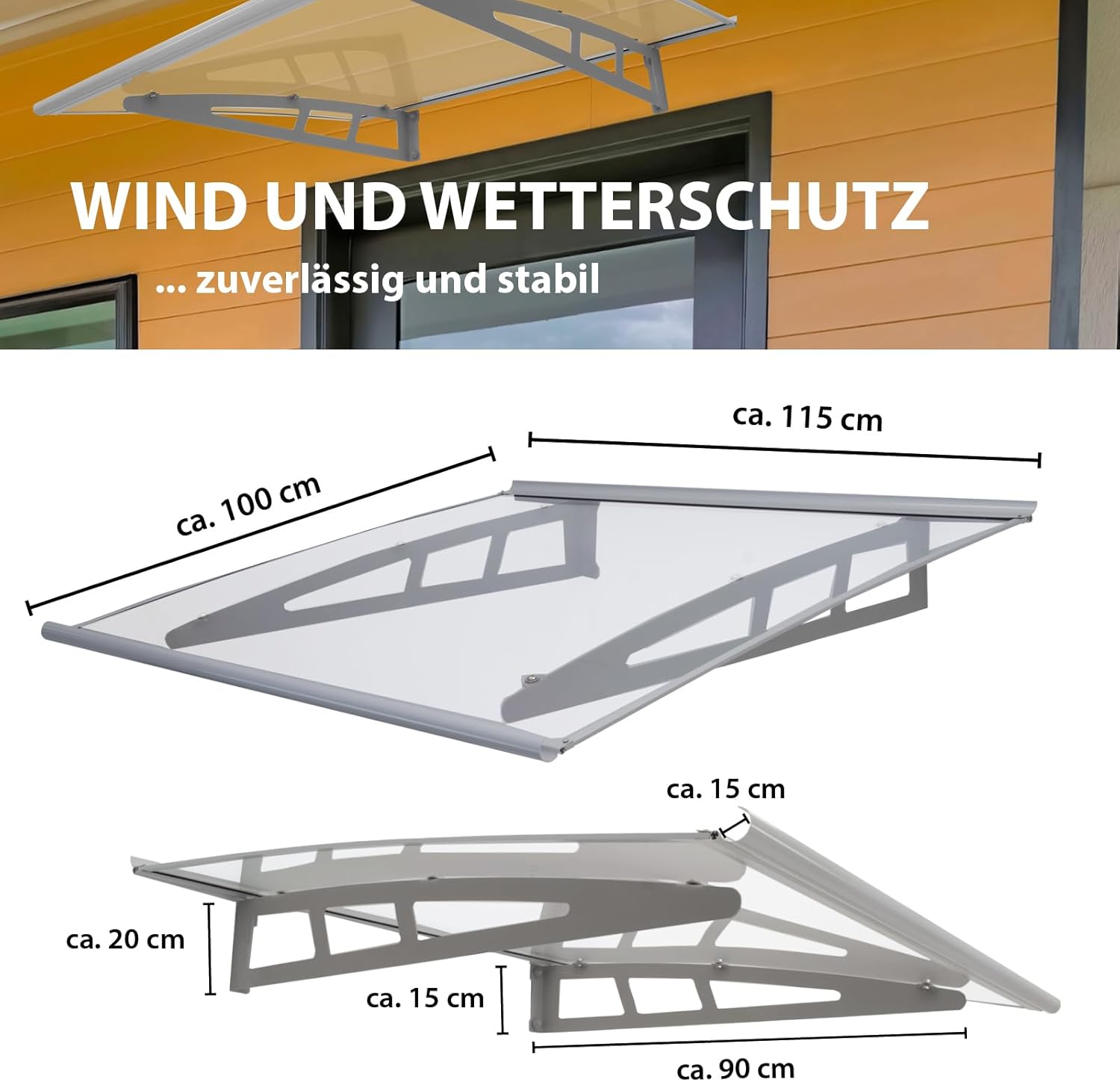 TRUTZHOLM Vordach für Haustür aus Aluminium und Polycarbonat 115 x 100 cm Haustürvordach Pultvordach Türdach Türvordach Haustür Dach