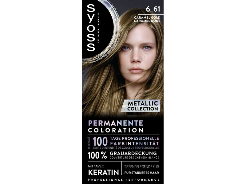 Syoss Haarcoloration 6-61 Caramel Gold Permanente Coloration mit Keratin für leuchtende Metallic-Reflexe