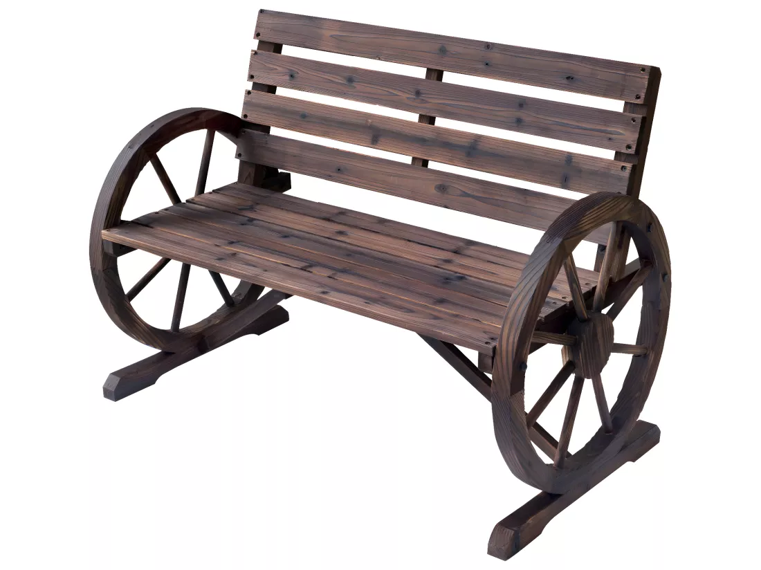 Banc de jardin 3 places style rustique chic accoudoirs roues charette bois sapin traité carbonisation