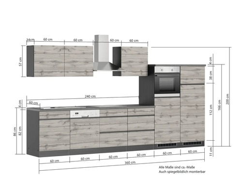 Held Furniture Keukenmeubel met apparatuur PISA 360 cm grijs mat gedemonteerd omkeerbaar model 1126.6311