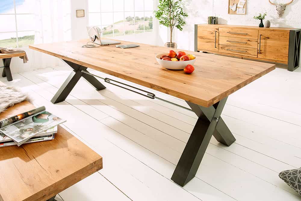 Massivholz Esstisch THOR 240cm natur Wildeiche geölt graues X-Gestell Metall Industrial Design