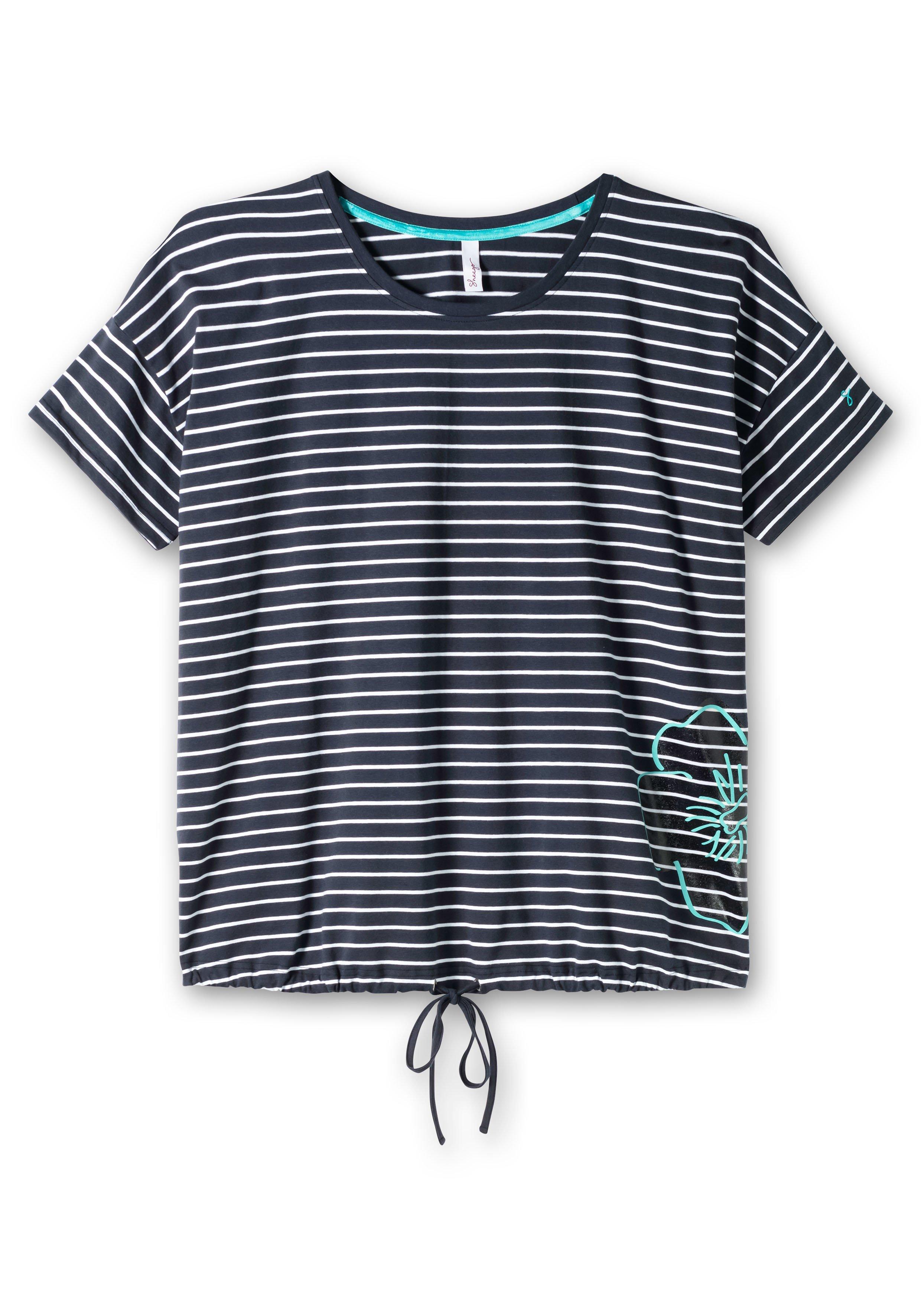 Ringelshirt mit Saum-Bindeband und Druck seitlich