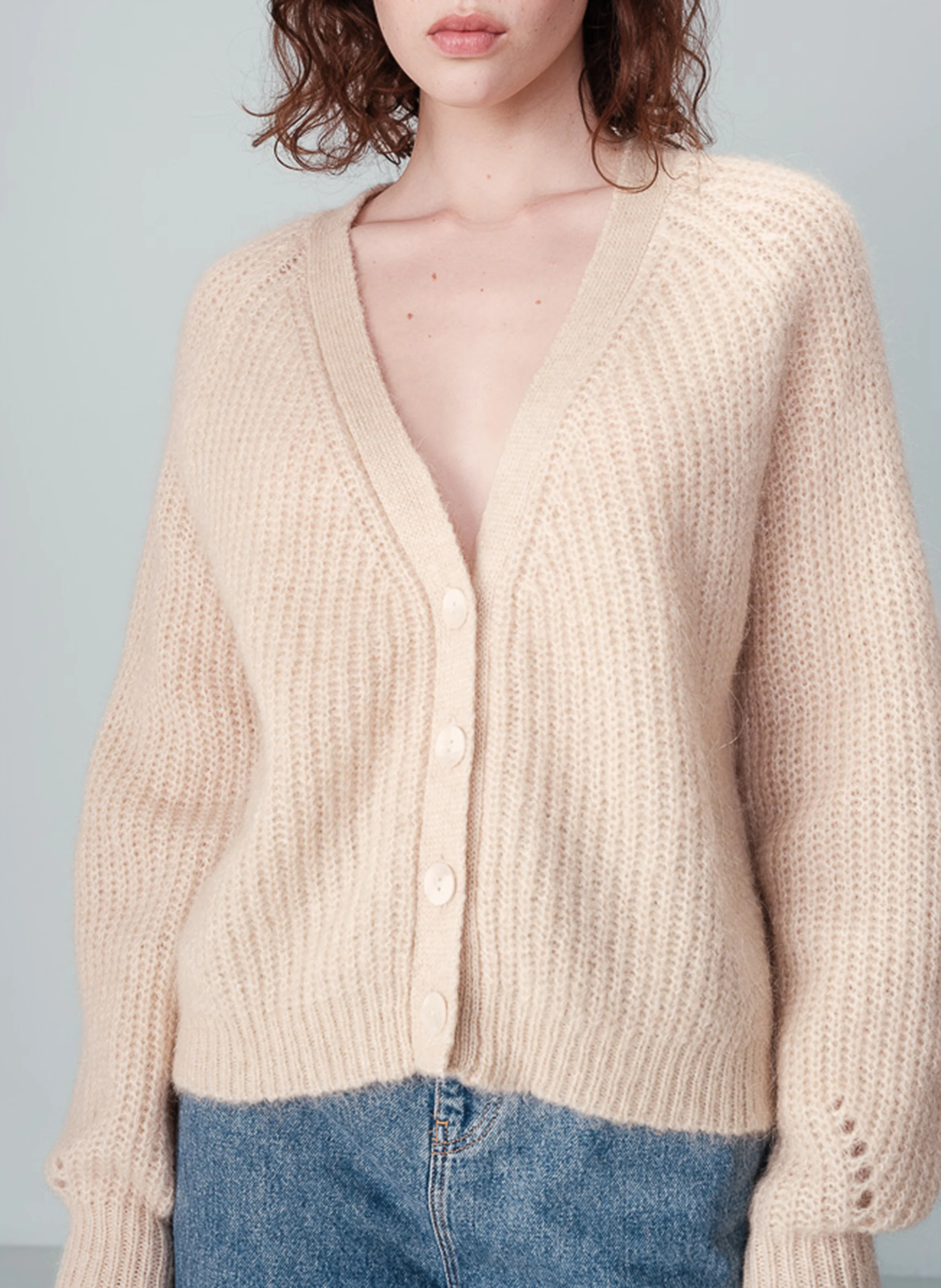 NASTER - Cardigan col V droit en maille | Beige
