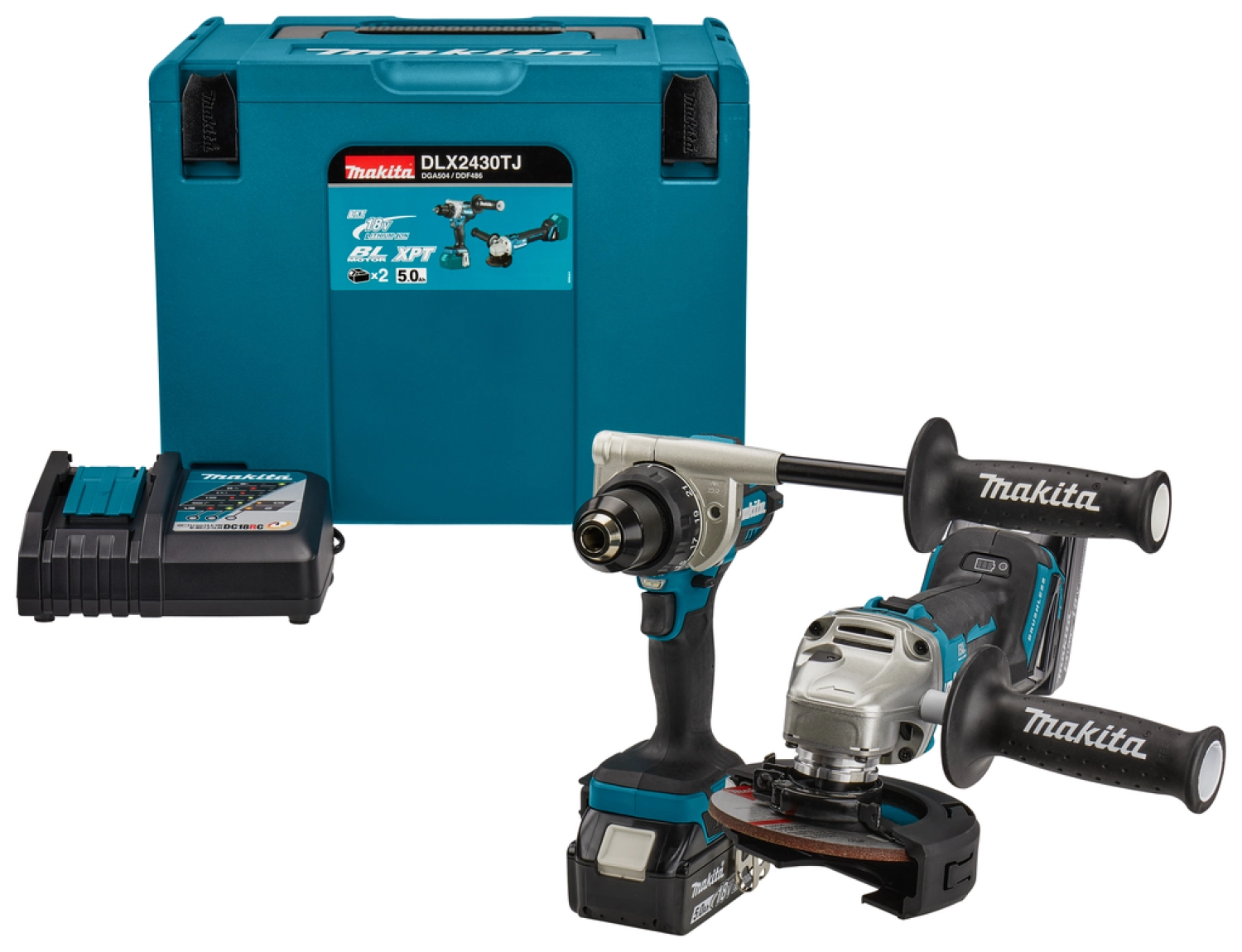 Makita DLX2430TJ 18V Li-Ion accu boor-/schroefmachine (DDF486) & Haakse slijper (DGA504) Combiset (2x 5.0Ah) in Mbox