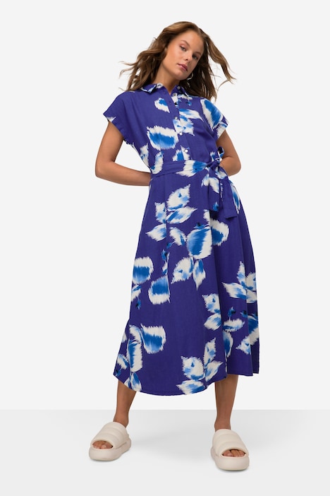 Leinenmix-Kleid, Print, Hemdkragen, Taillengürtel, Halbarm