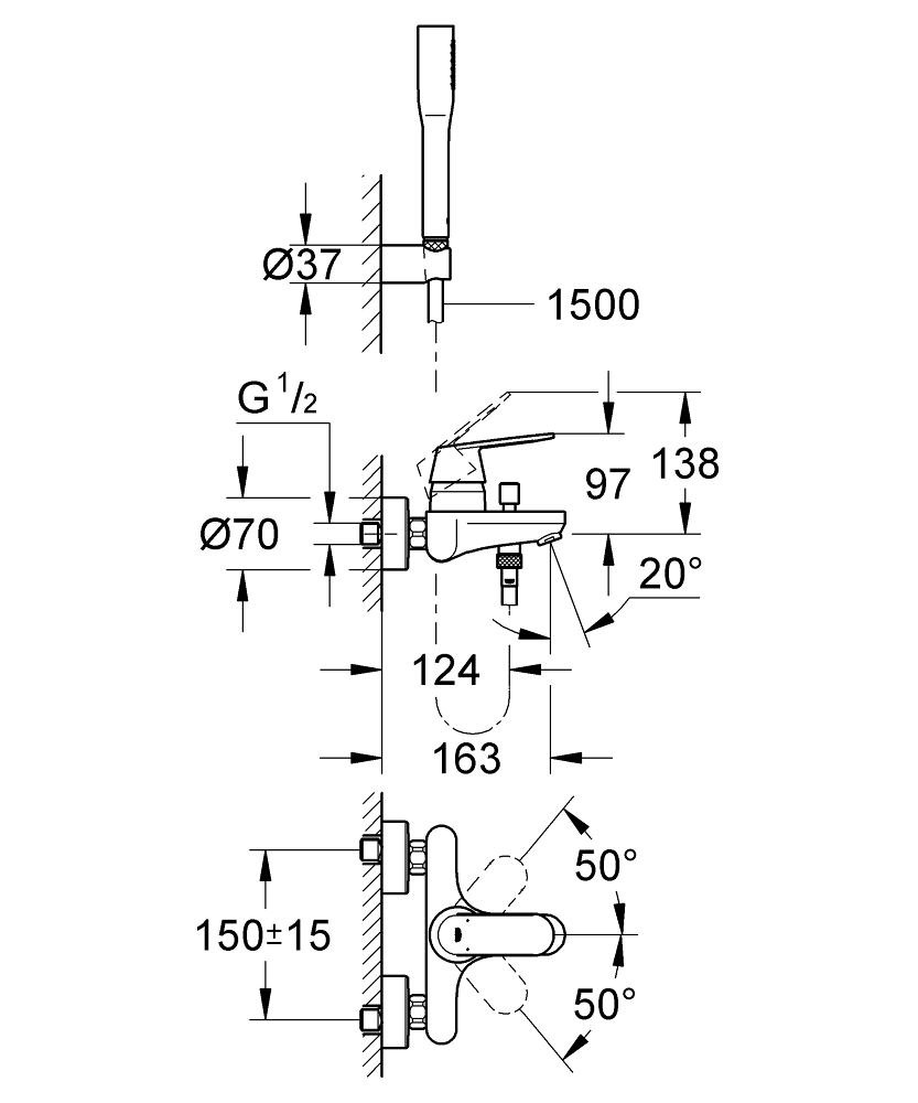 Grohe Eurosmart Cosmopolitan badkraan m. omstel en koppelingen m. garnituur chroom