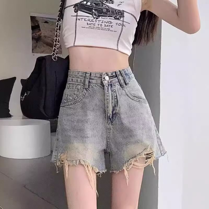 deersweeti - Hoge taille gewassen, versleten denim hotpants
