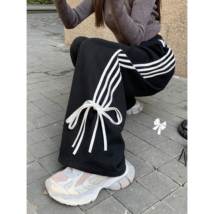 Rosesand - Hoge taille gestreepte strik accent losse wijde joggingbroek