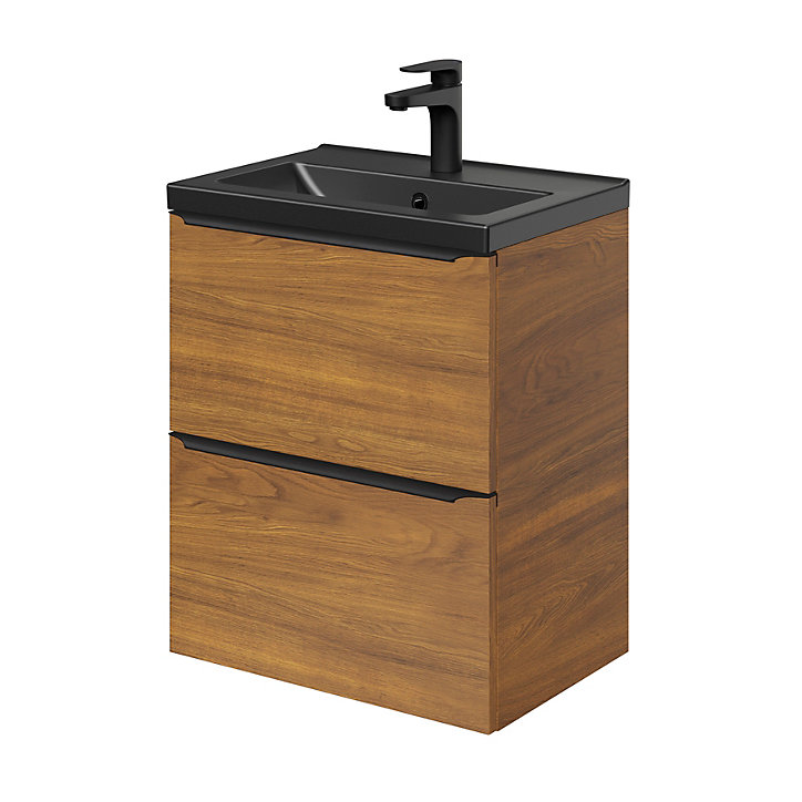 Meuble sous vasque faible profondeur à suspendre GoodHome Imandra décor noyer L. 50 x H. 60 x P. 36 cm