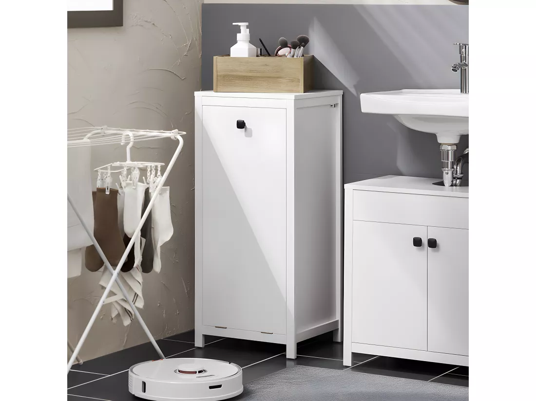 SoBuy Armoire à Linge avec Sac à Linge, Meuble Bas de Salle de Bain, Commode pour Salle de Bain, Coffre à Linge, Porte Vêtement avec 1 Panier à Linge, Blanc, 40x35x90 cm, BZR96-W