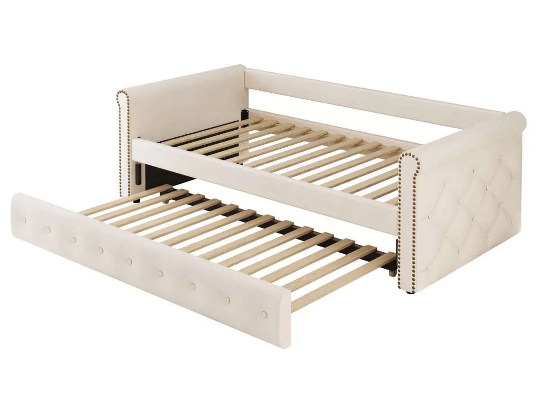 Lit gigogne 90x200cm en lin avec sommier à lattes - Beige