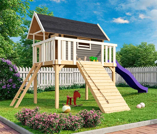 Karibu Stelzenhaus »Fidel« mit Rutsche, Kletterwand und Holzrampe