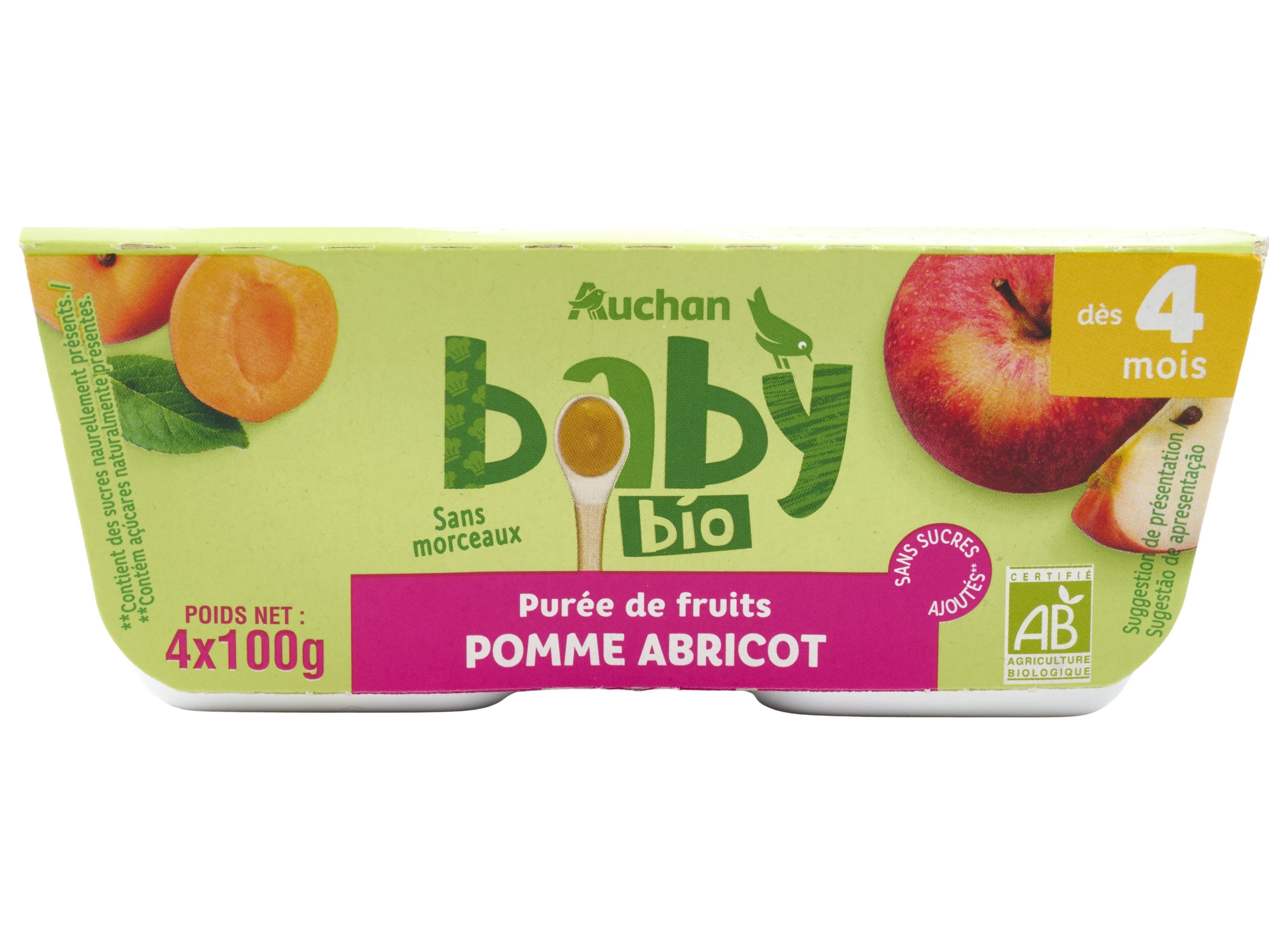 TACINHA FRUTA AUCHAN BABY BIO MAÇÃ E ALPERCE SEM GLÚTEN 4X100G