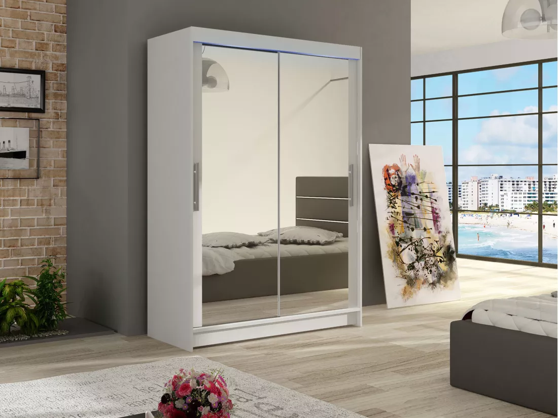 Armoire Closico 129, Blanc, 200x120x58cm, Portes d'armoire: Glissement