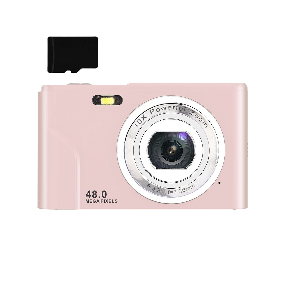 Digitalkamera med 48 MP, HD 1080p, 16x zoom, minnekort Rosa