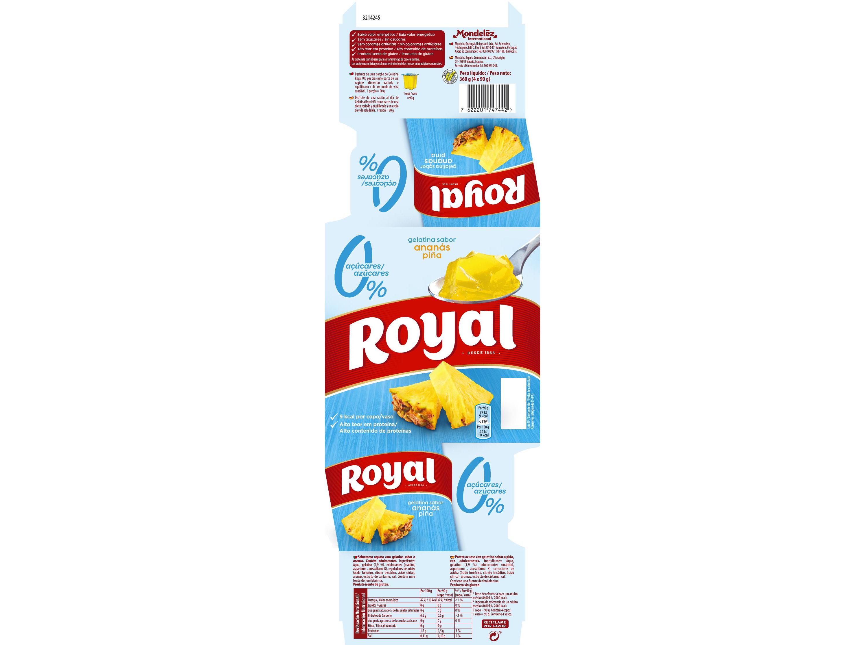 GELATINA ROYAL ANANAS 0% DE AÇÚCAR 4X90 G