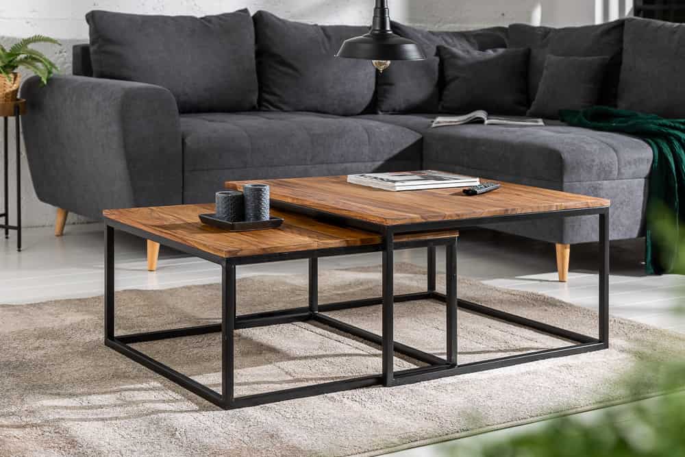2er Set Couchtisch ELEMENTS 65cm braun Sheesham Massivholz stone finish Eisen schwarz