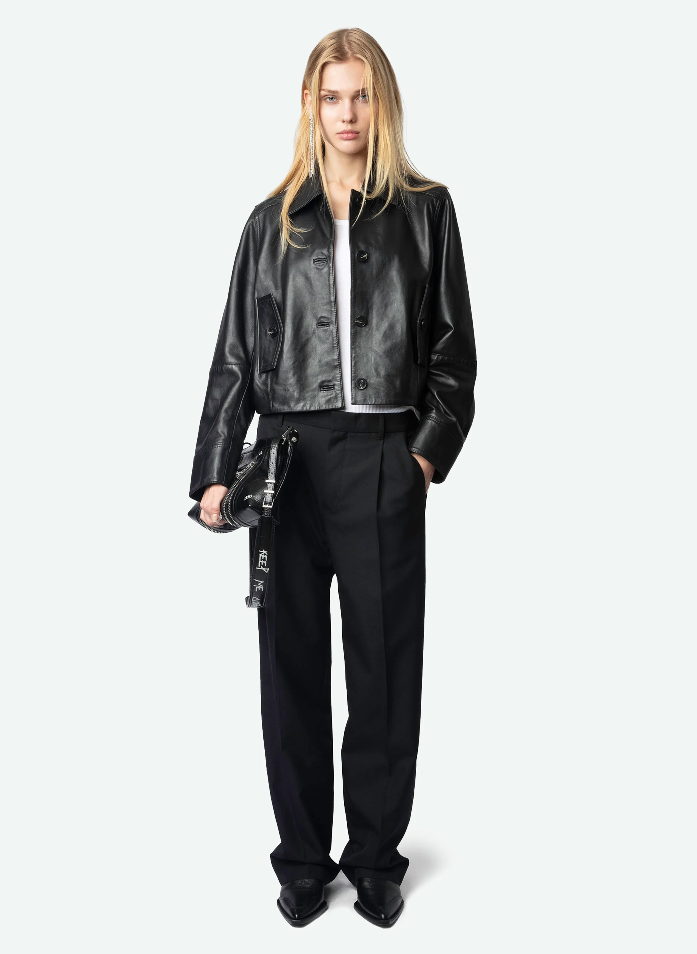 LISTON - Blouson court boutonné en cuir lisse | Noir