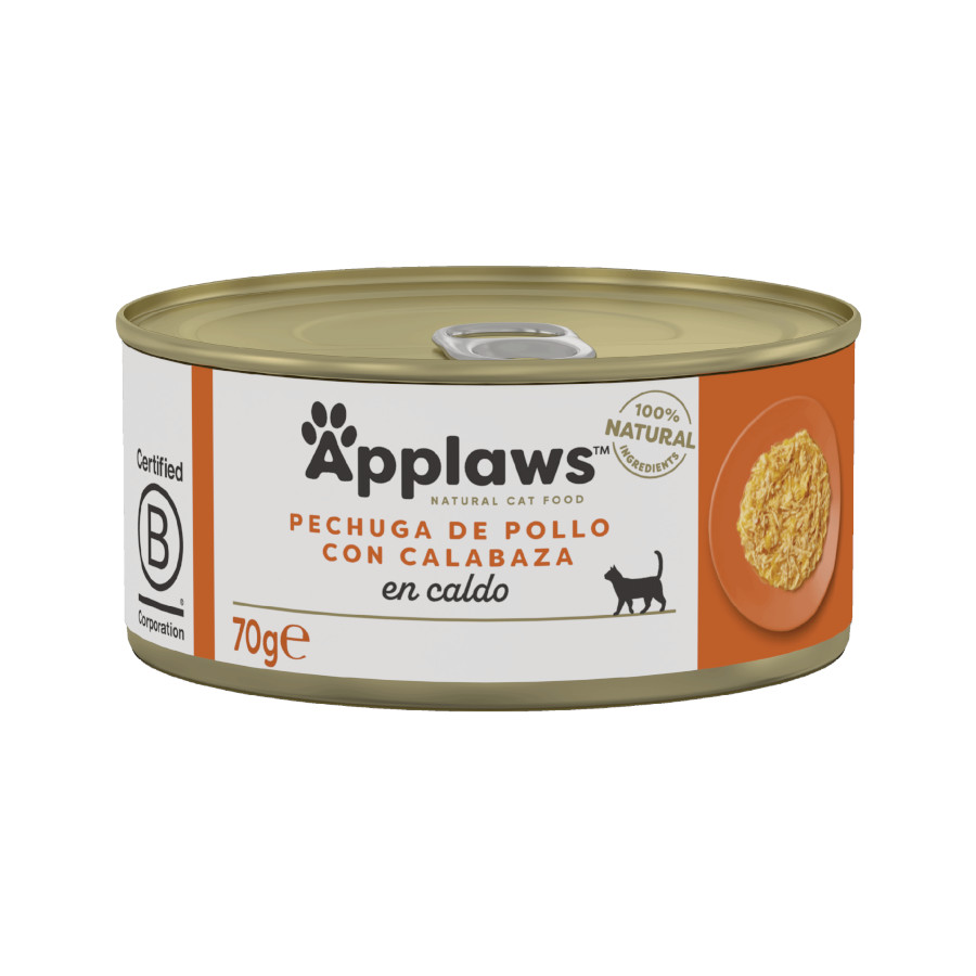 Lata de 70 g de ração Applaws sabor Frango e Abóbora para gatos