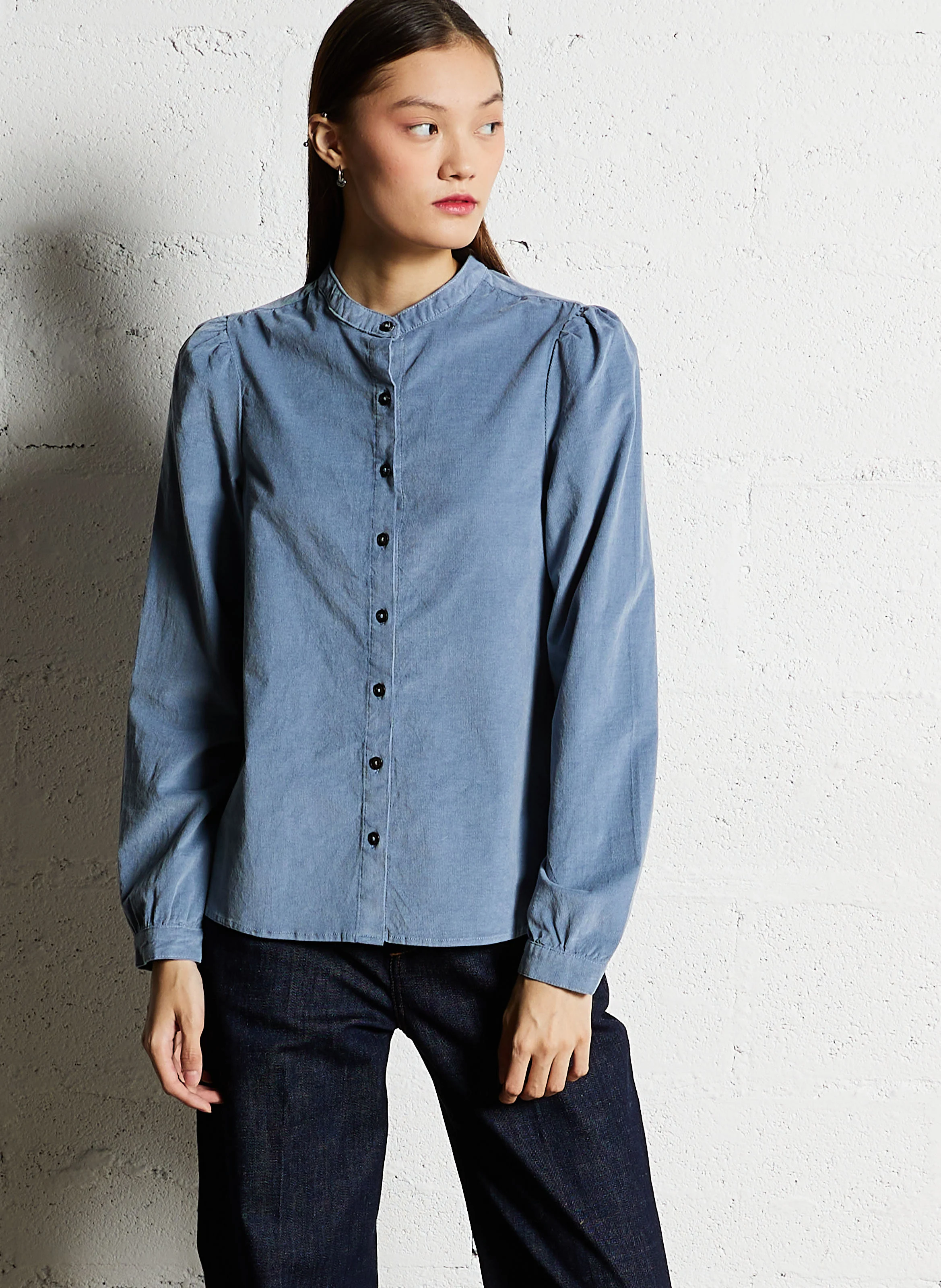 BLONDIE - Chemise col rond droite en coton mélangé | Bleu