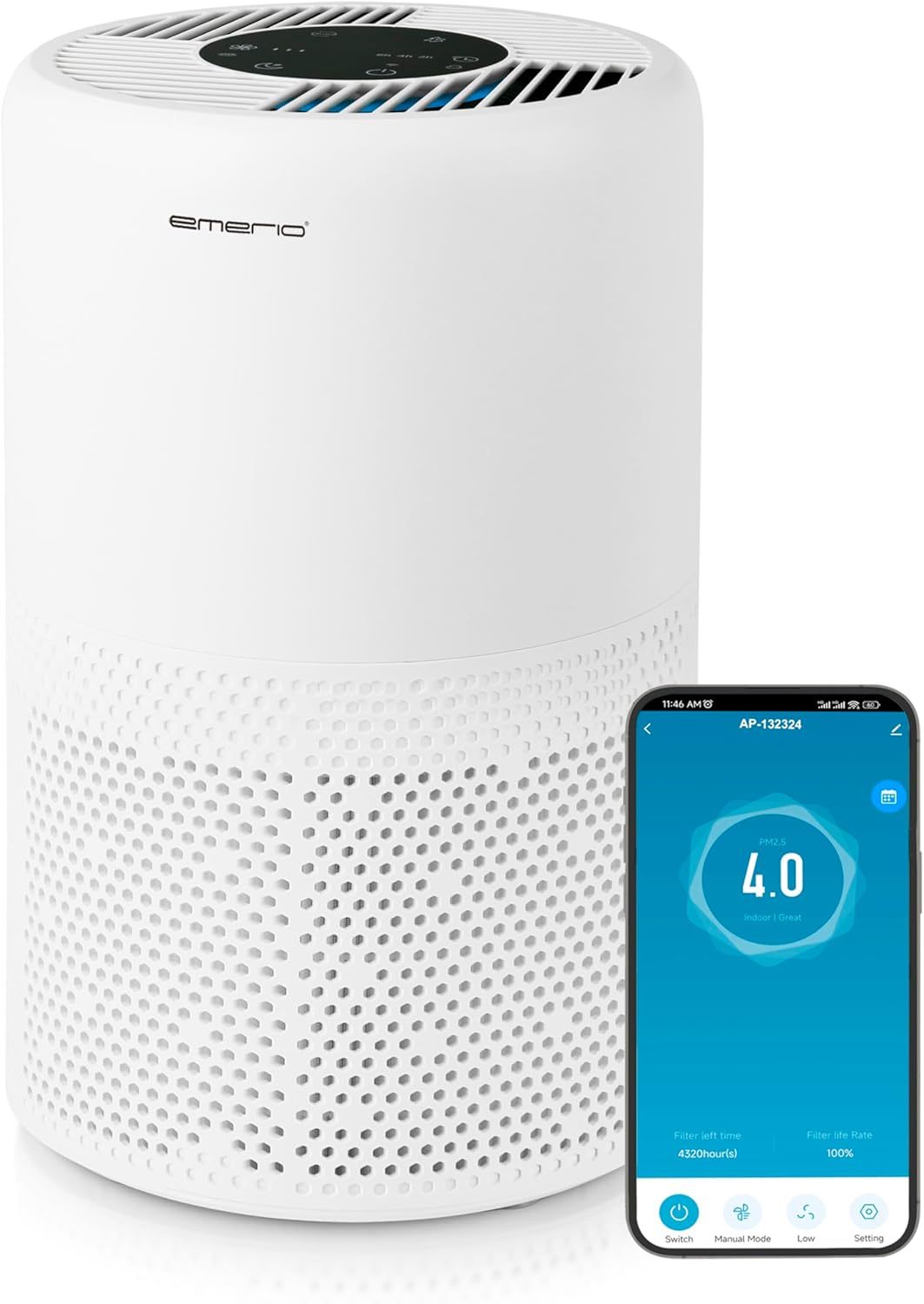 EMERIO Luftreiniger mit HEPA 13 Filter (99,97% Filterleistung) gegen Schimmel, Staub, Pollen & Gerüche | WLAN: SMART LIFE APP | Ionic Funktion & Timer | geeignet für Räume bis zu 25m² | AP-132324