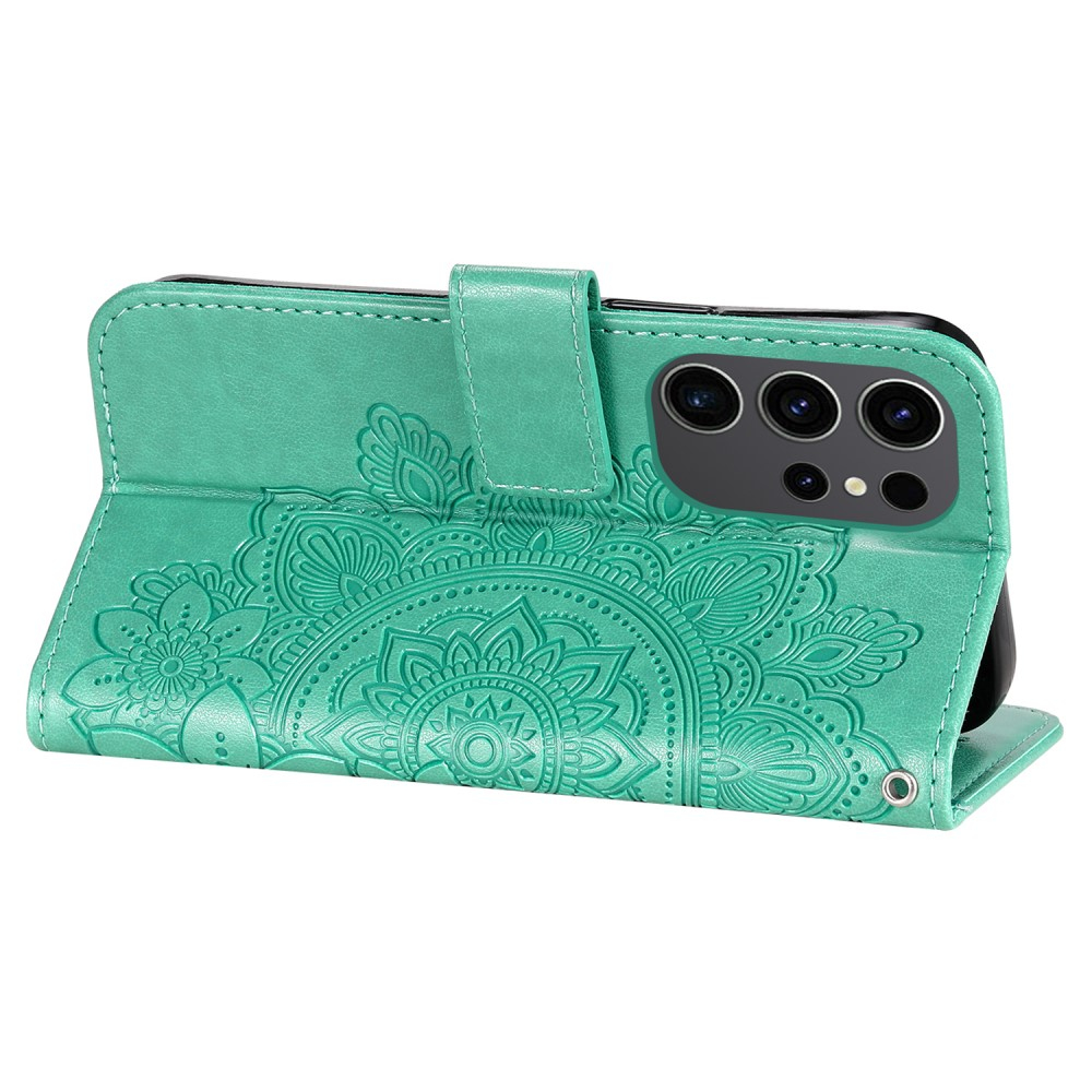 Samsung Galaxy S24 Ultra Leder Tasche Wallet - Mandala Flowers Imprint - Türkis