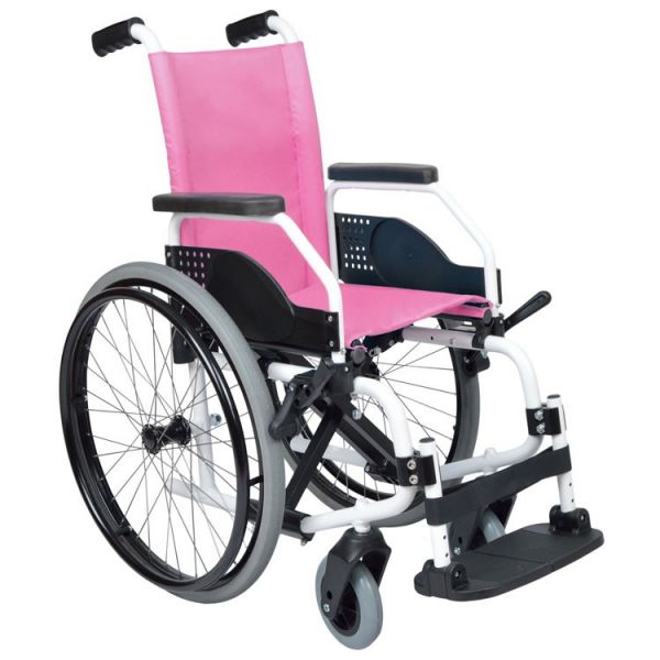 Orthos XXI Cadeira de Rodas Liga Leve Trânsito Liliput Light Cores (Texto) Rosa Modelo Patim elevatório esquerdo Largura Assento Cadeiras 37 cm Rodas: Pneumática (Enchida com ar)