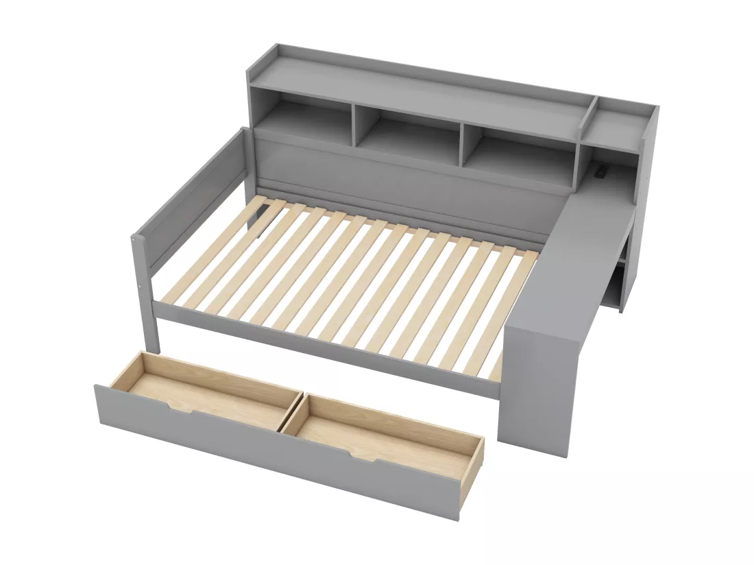 Lit banquette 90x200cm - bureau avec prise USB - 2 tiroirs & étagères - Gris (matelas non inclus)