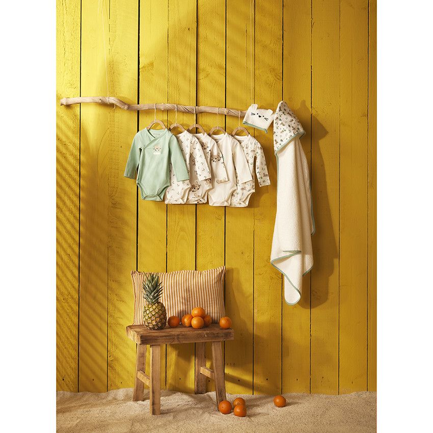 Lot de 5 bodies manches longues motifs léopard pour bébé garçon avec ouvertures différentes selon l'âge - Ecru