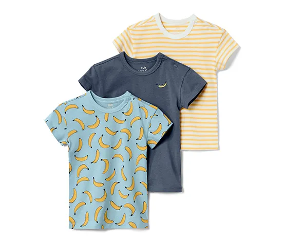 3 Kinder-T-Shirts, hellblau, gelb-weiß und dunkelblau