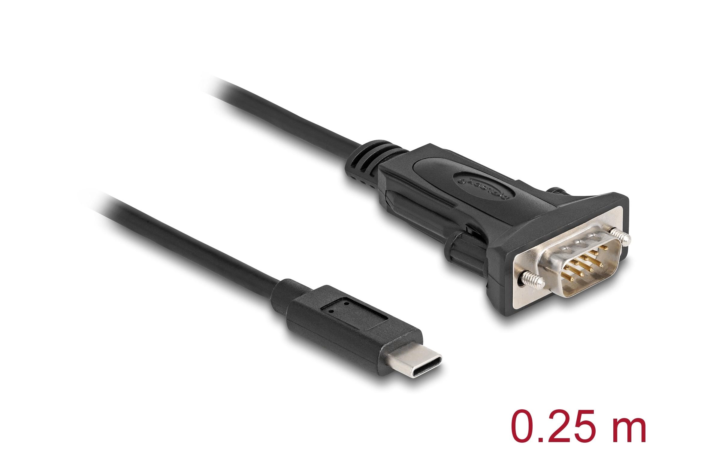 Serial-Adapter USB-C – RS-232 D-Sub 9 Pin mit Schraube 0.25mDelock Adapter USB Type-C zu 1 x Seriell RS-232 D-Sub 9 Pin Stecker mit Schrauben 0.25 m