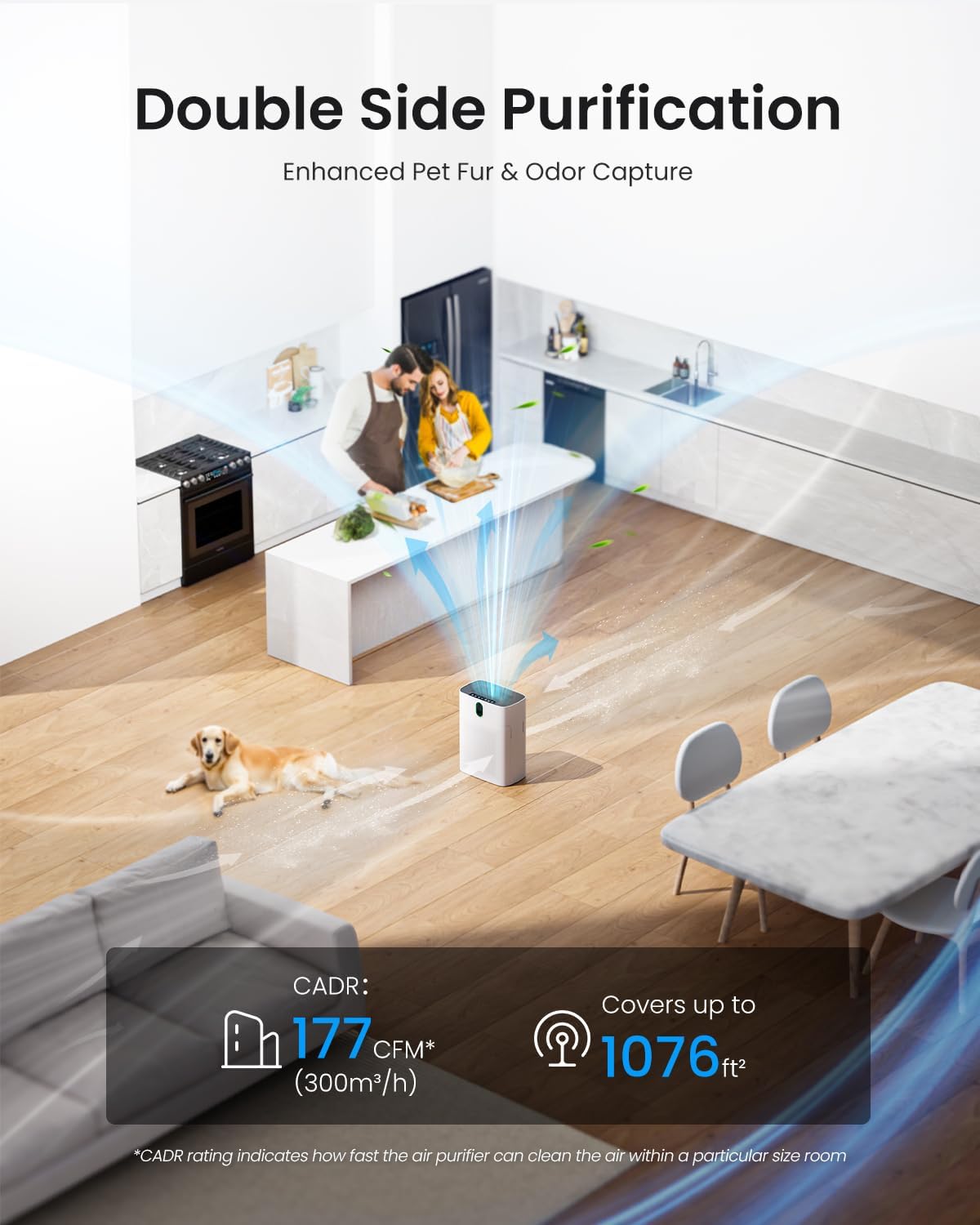 Luftreiniger für Allergiker, Air Purifier für Raucherzimmer, HEPA Filter Gegen Staub Pollen, CADR 300 m³/h für 100 m², 24 dB, Timer, Luftqualitäts-Feedback & Automodus, Mattweiß, 1 Pack+3 Modi
