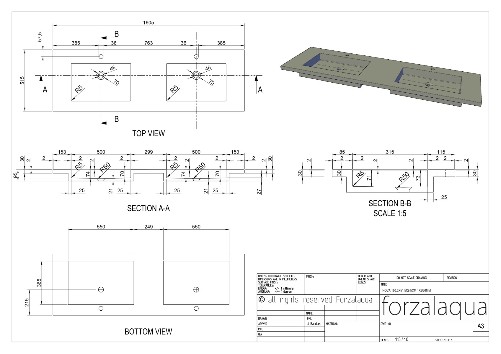 Forzalaqua Nova wastafel 160x50cm met 2 kraangaten graniet gezoet en gefrijnd