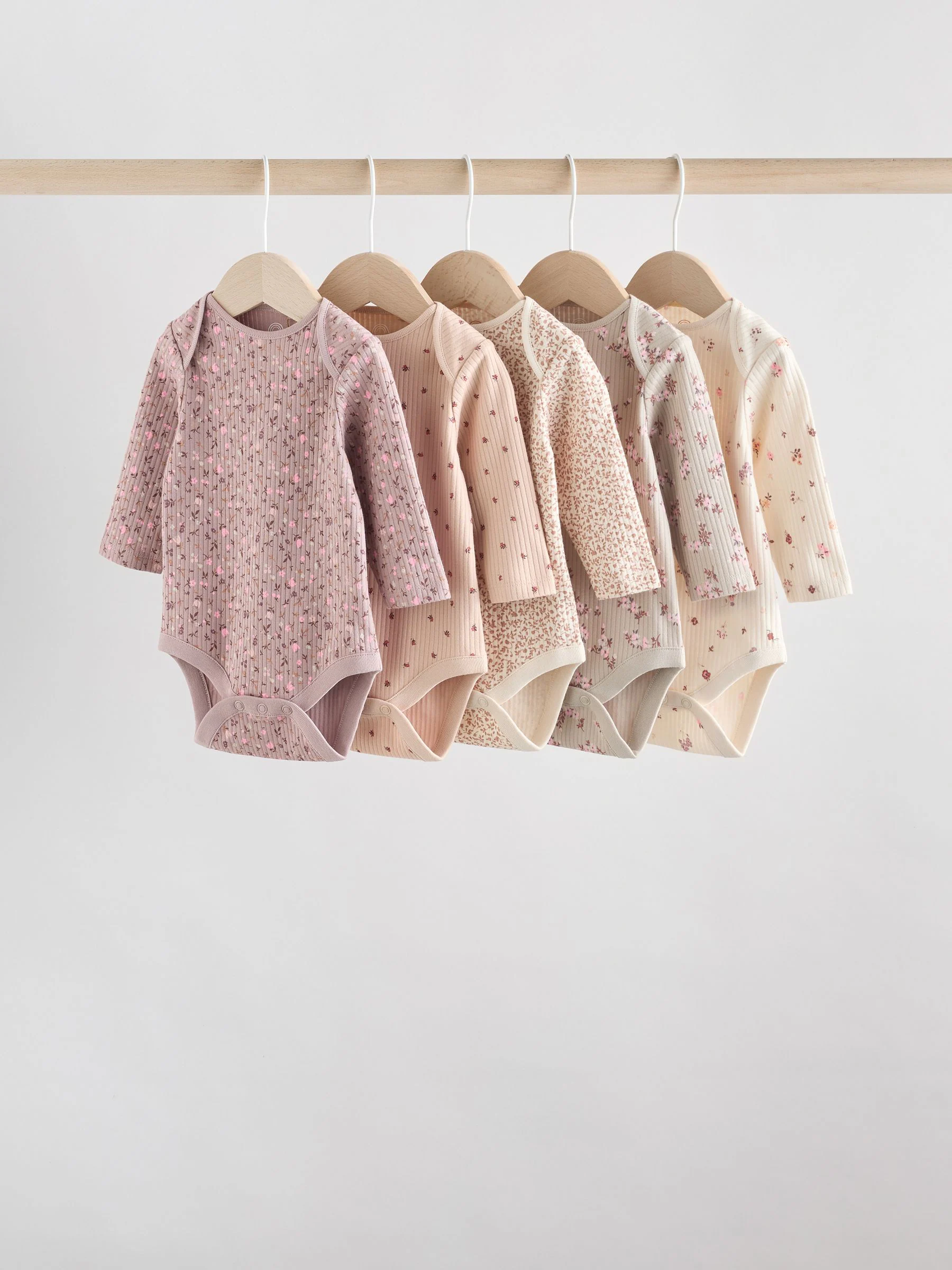 Caramel Brown Ditsy Floral - Set van 5 rompers met lange mouwen