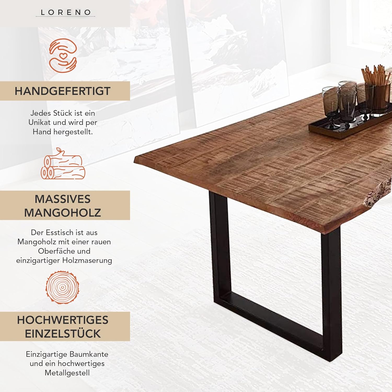 Loreno Handgefertigter Esstisch aus Mangoholz, 120x80cm - 300x100cm Massiver Tisch mit Baumkante, Gestelle, Nachhaltig und Stabil - Tisch Holz Esszimmer, Küchentisch Holz, Esstisch Echtholz