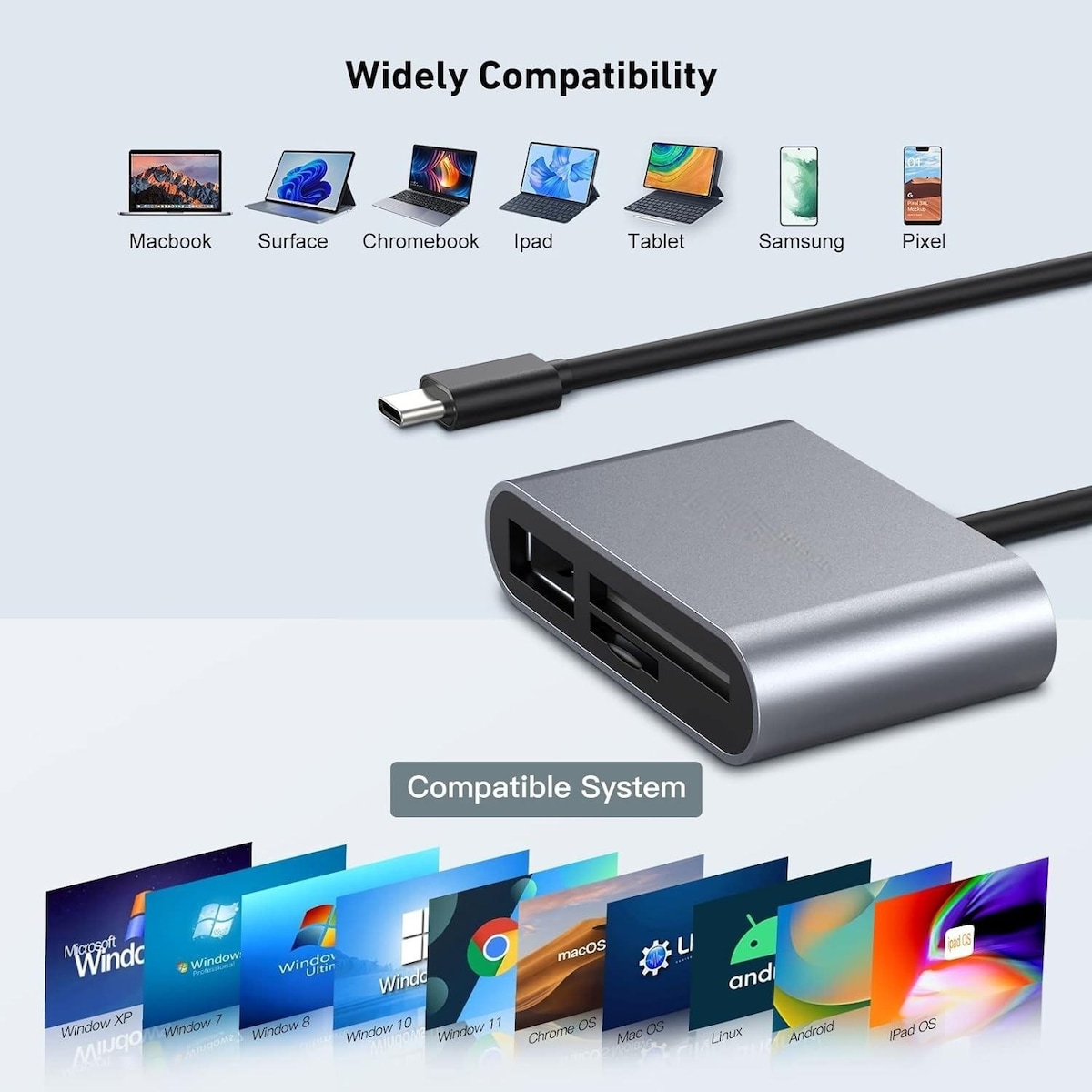 NÖRDIC USB-C kortleser 2 spor SD, MicroSD, 1xUSB-A UHS-I