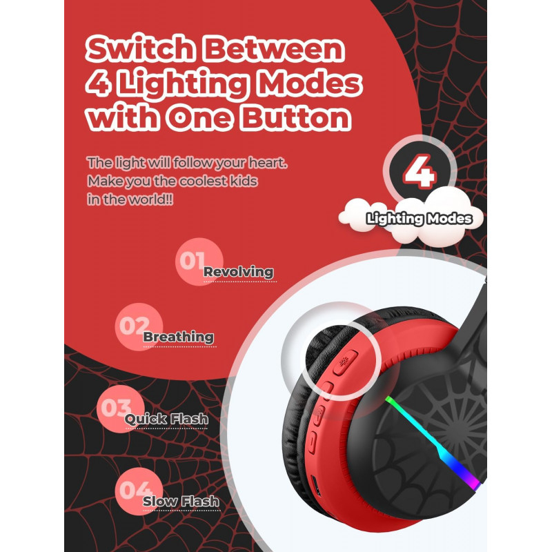 BTH12 Headphone Kids BT LED Bluetooth Kopfhörer Over-Ear 74/85dB Lautstärkeeinstellungen (C03-1702N-37) - Schwarz / Rot