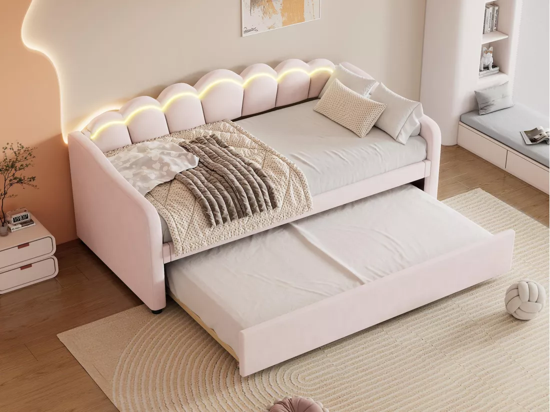Lit banquette 90x200cm avec LED + lit gigogne 90x190cm - rembourré en tissu velours - Rose (matelas non inclus)
