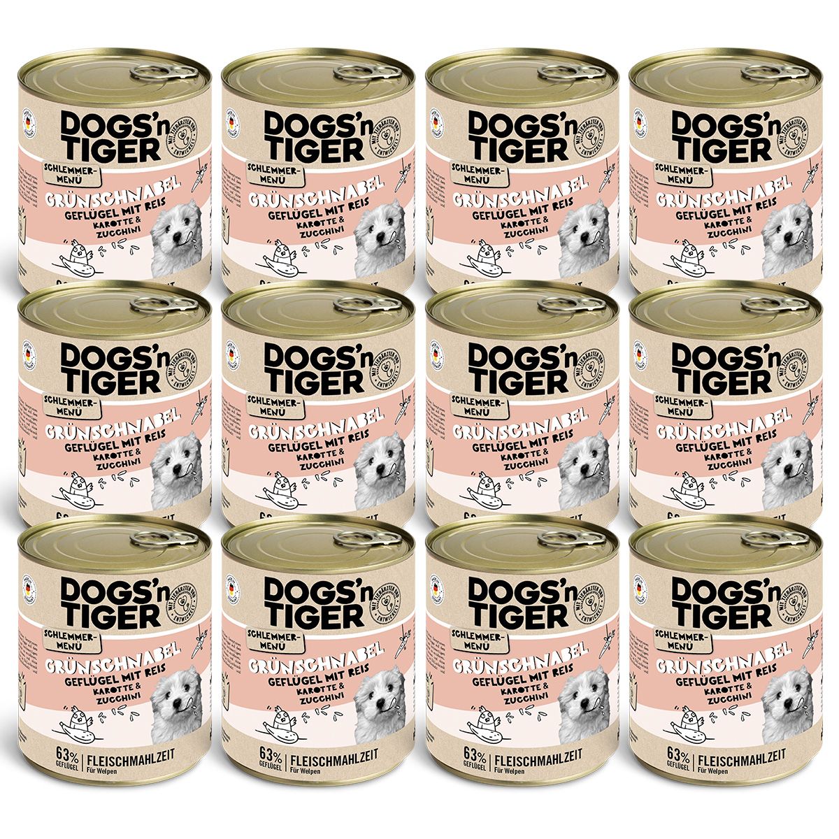 Dogs’n Tiger Junior, Hundefutter, Grünschnabel, Nassfutter, Welpen, Geflügel, Karotte & Zucchini