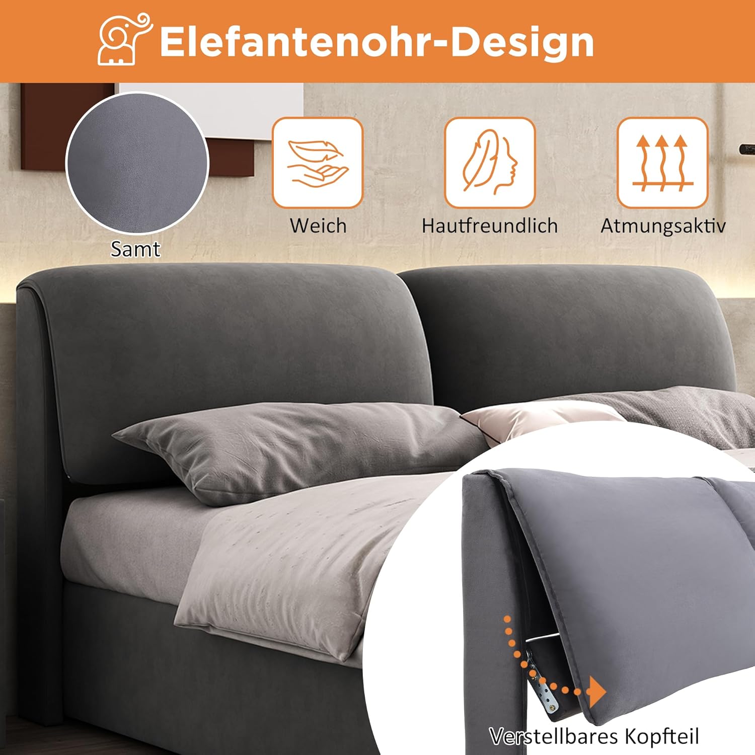 Polsterbett Doppelbett 140x200 cm mit 3 Stauraum Schublade, Bett mit Stauraum und Kopfteil, Stauraumbett mit Hydraulische Metallrahmen und Lattenrost aus Holz, Samt, Grau, Ohne Matratze