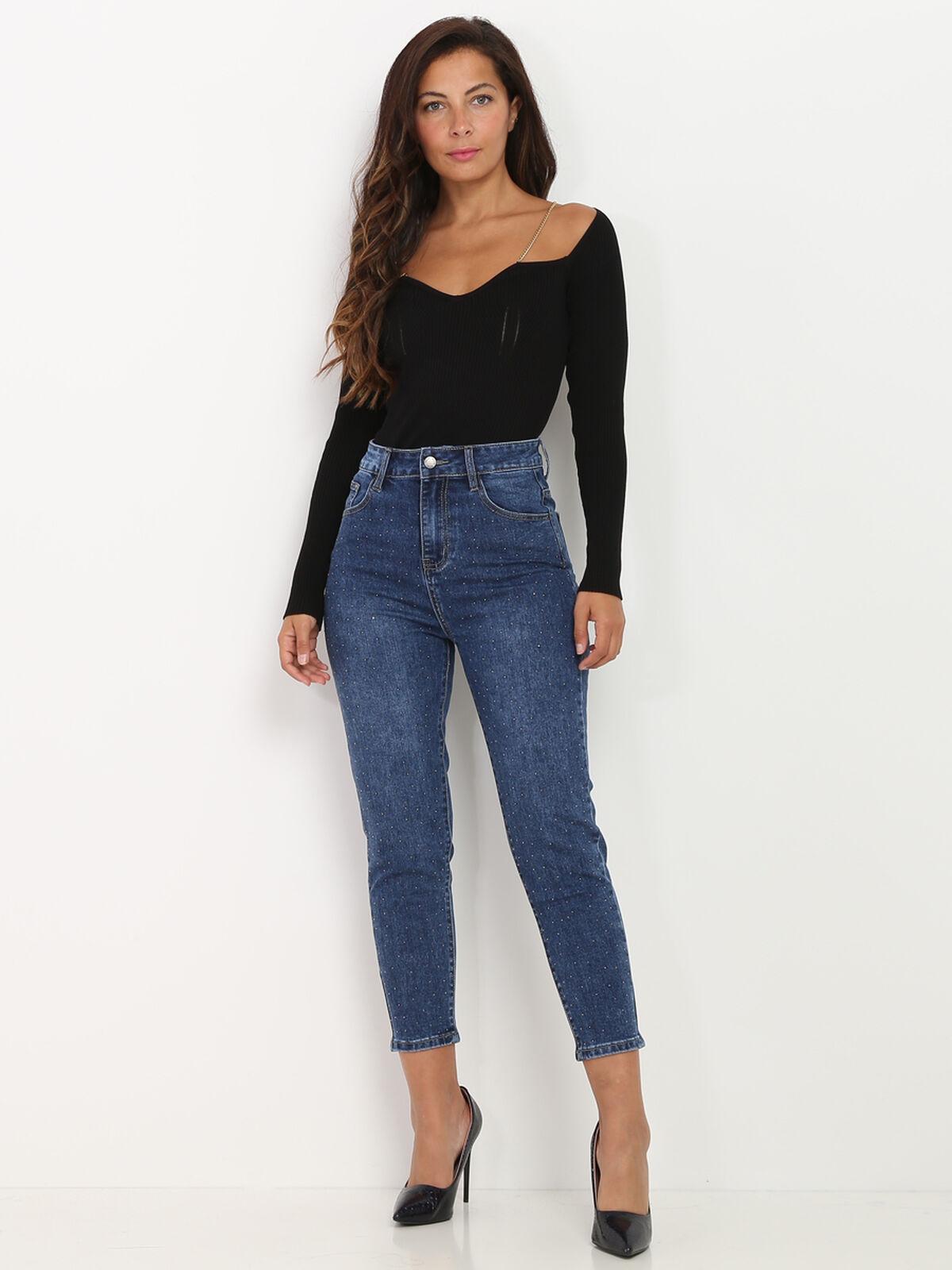 Jeans skinny à strass- Bleu