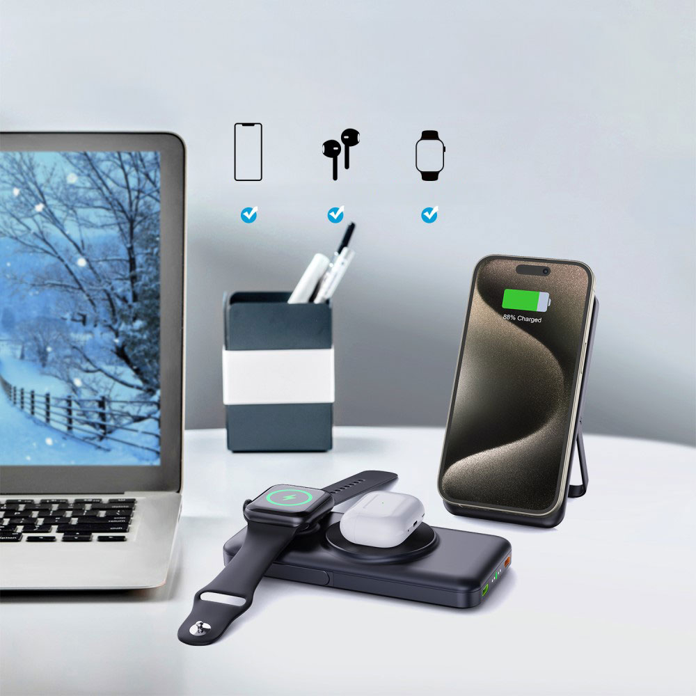 (20W) 10000mAh Magnetische MagSafe Powerbank USB C Ladegerät mit USB C / Lightning Kabel   Kickstand - Schwarz