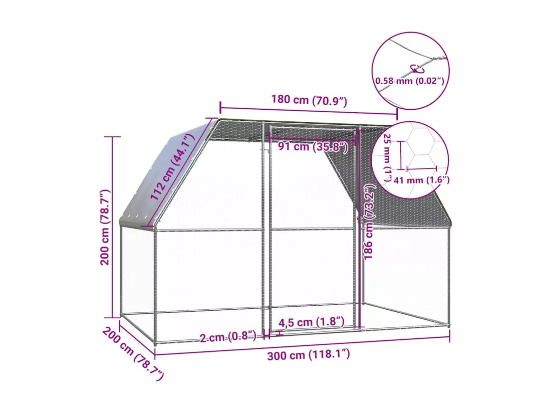 Poulailler argenté et gris 3x2x2 m acier galvanisé
