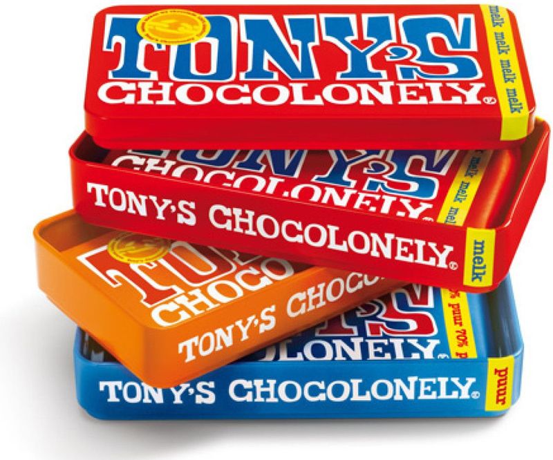 Tony's Chocolonely Stapelblik Cadeau - 3 Chocolade Repen Melk, Puur, Karamel Zeezout - 3 x 180 gram