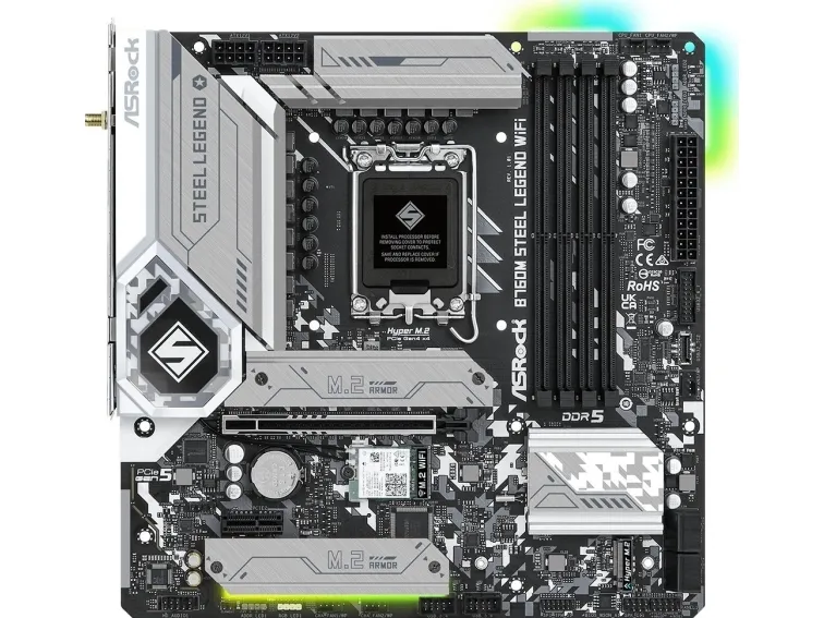 ASRock B760M Steel Legend WiFi - Bundkort - micro ATX - LGA1700 sokkel - B760 Chipset - USB-C 3.2 Gen2, USB 3.2 Gen 2, USB 3.2 Gen 1 - 2.5 Gigabit LAN, Wi-Fi 6E, Bluetooth - onboard grafik (CPU påkrævet) - HD Audio (8-kanaler)