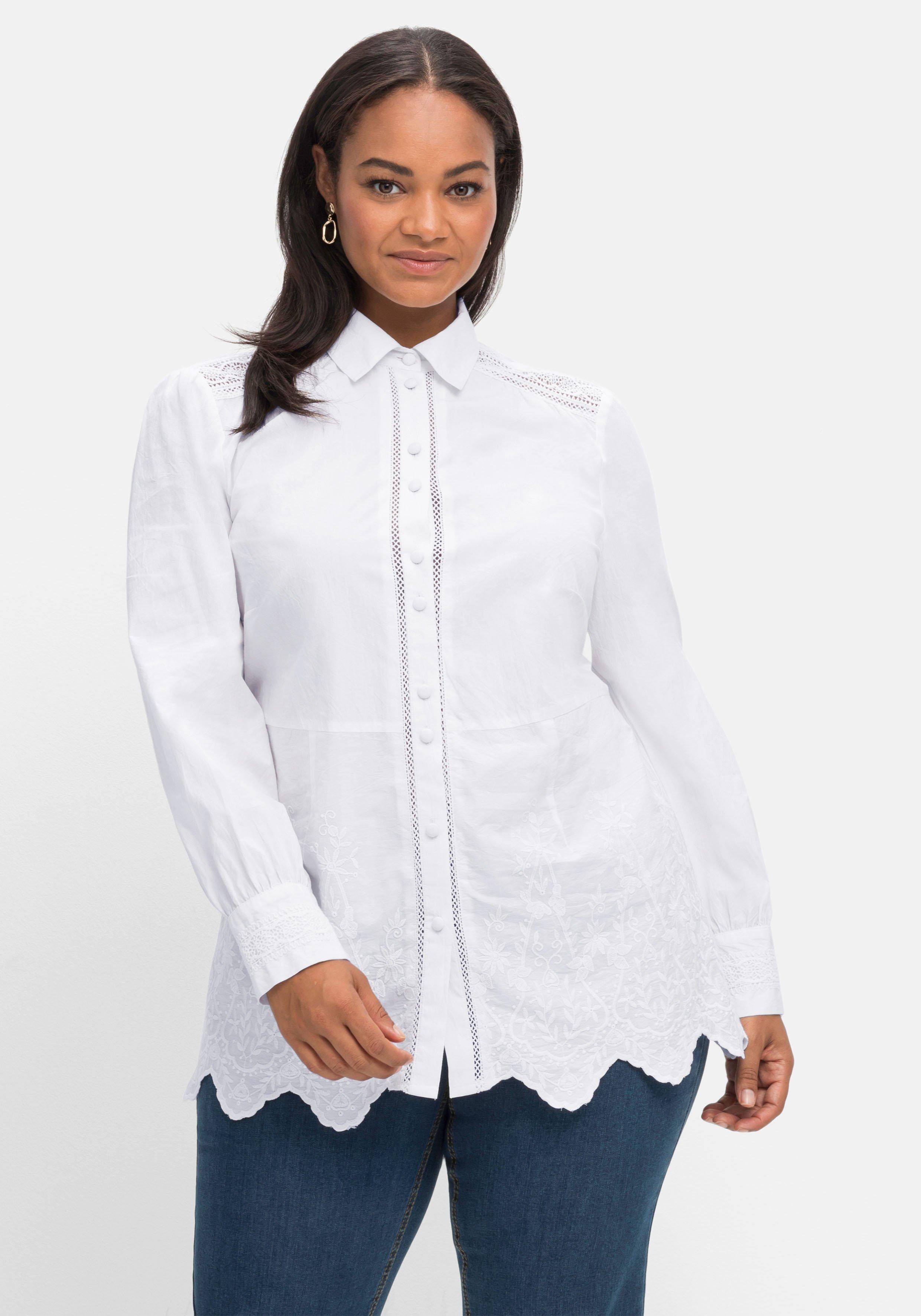 Bluse mit floralen Stickereien und Wellensaumkante