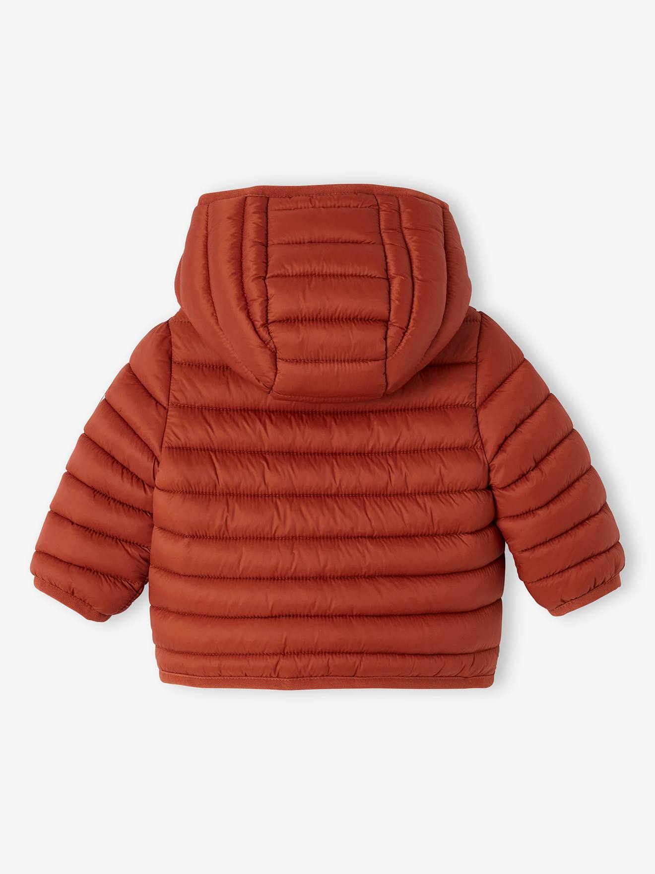 Jaqueta acolchoada leve com capuz para bebê, cor terracota.