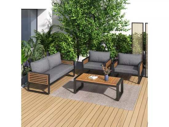 Salon de jardin en Fer 4 personnes - 1 canapé、2 fauteuils et 1 table basse - décoré de Bois d'Acacia - Gris